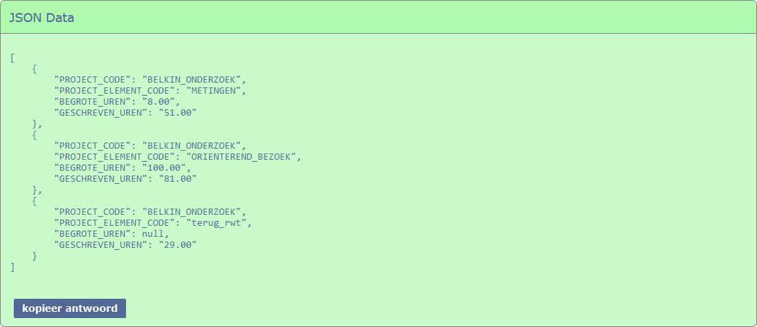 JSON output voor query naar data WATCH Call