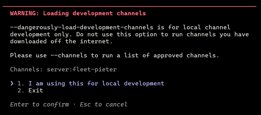Een kanaal wordt geladen in de terminal: het kanaal van Pieter (Channels: server:fleet-pieter).
