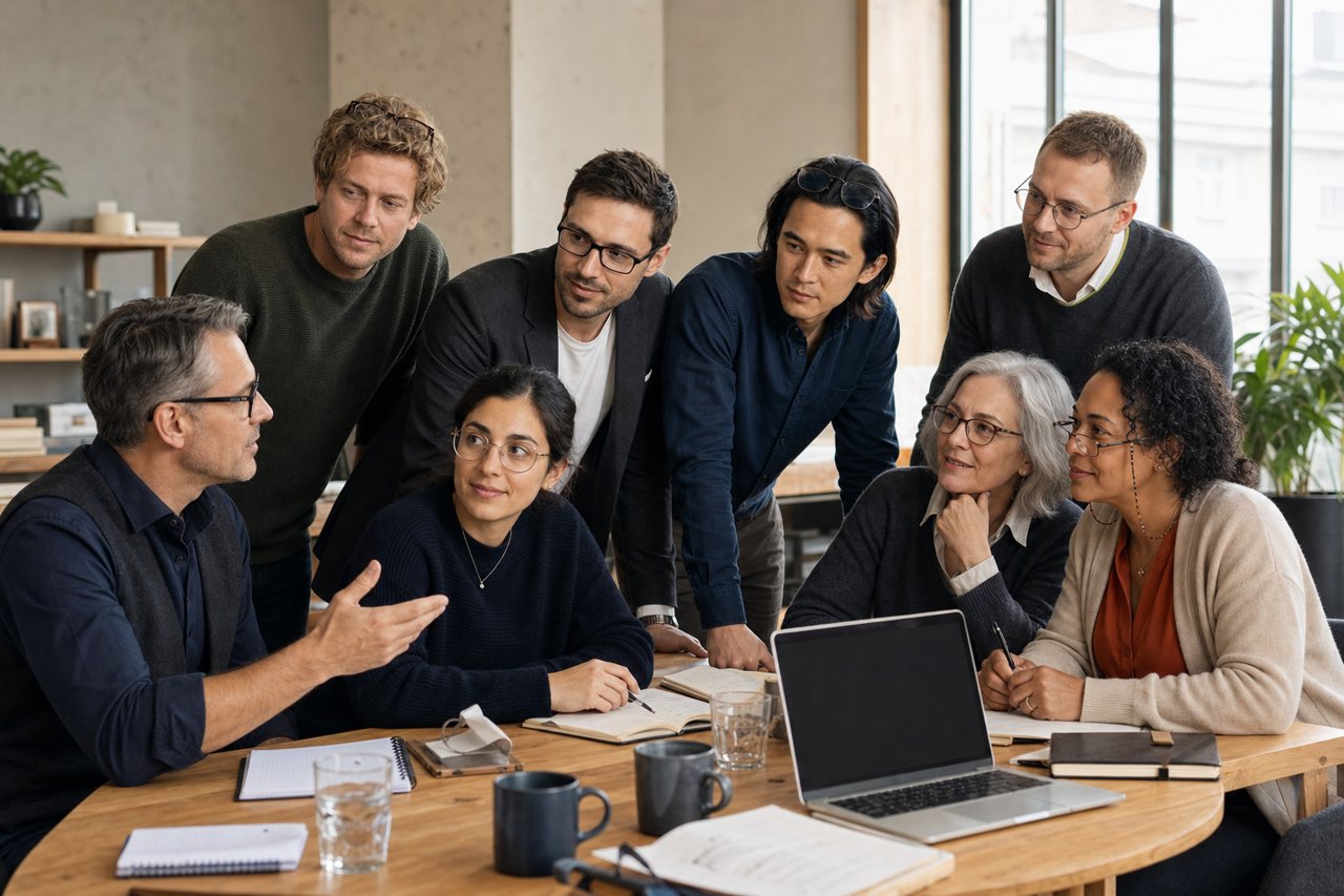 Een team in overleg rond een tafel