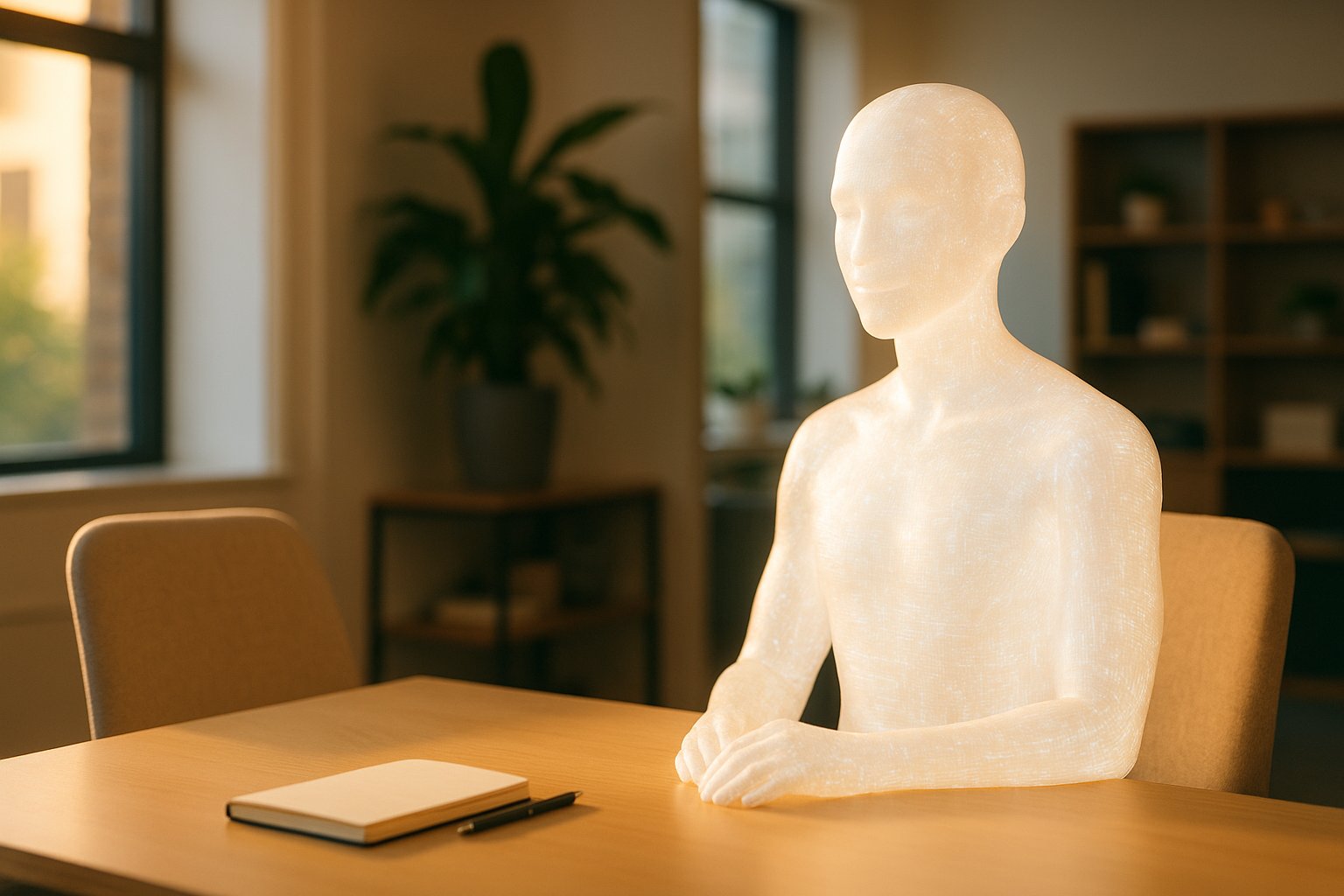 Een duidelijk kunstmatige, lichtgevende mens-vormige figuur zit als teamlid aan een vergadertafel.